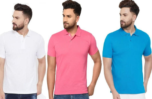 Cotton Matty Solid Half Sleeves Mens Polo Neck T-Shirt Pack Of 3